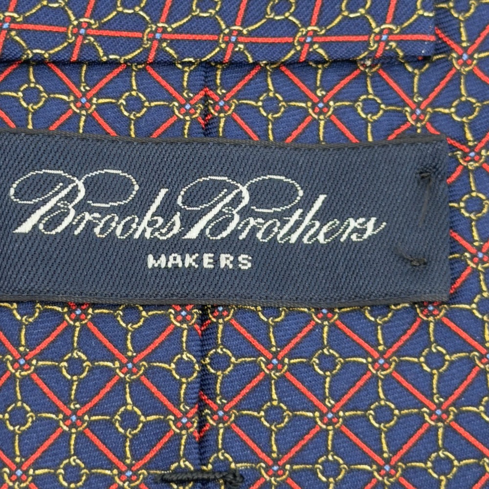 Brooks Brothers Makers Silk Tie Navy Blue Red Gold Chain Link Geometric - Picture 3 of 4